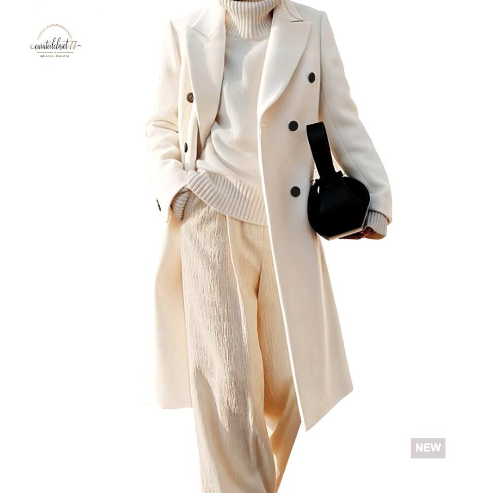 Long Wool Pea Coat Double Breasted Knee Length Winter Overcoat